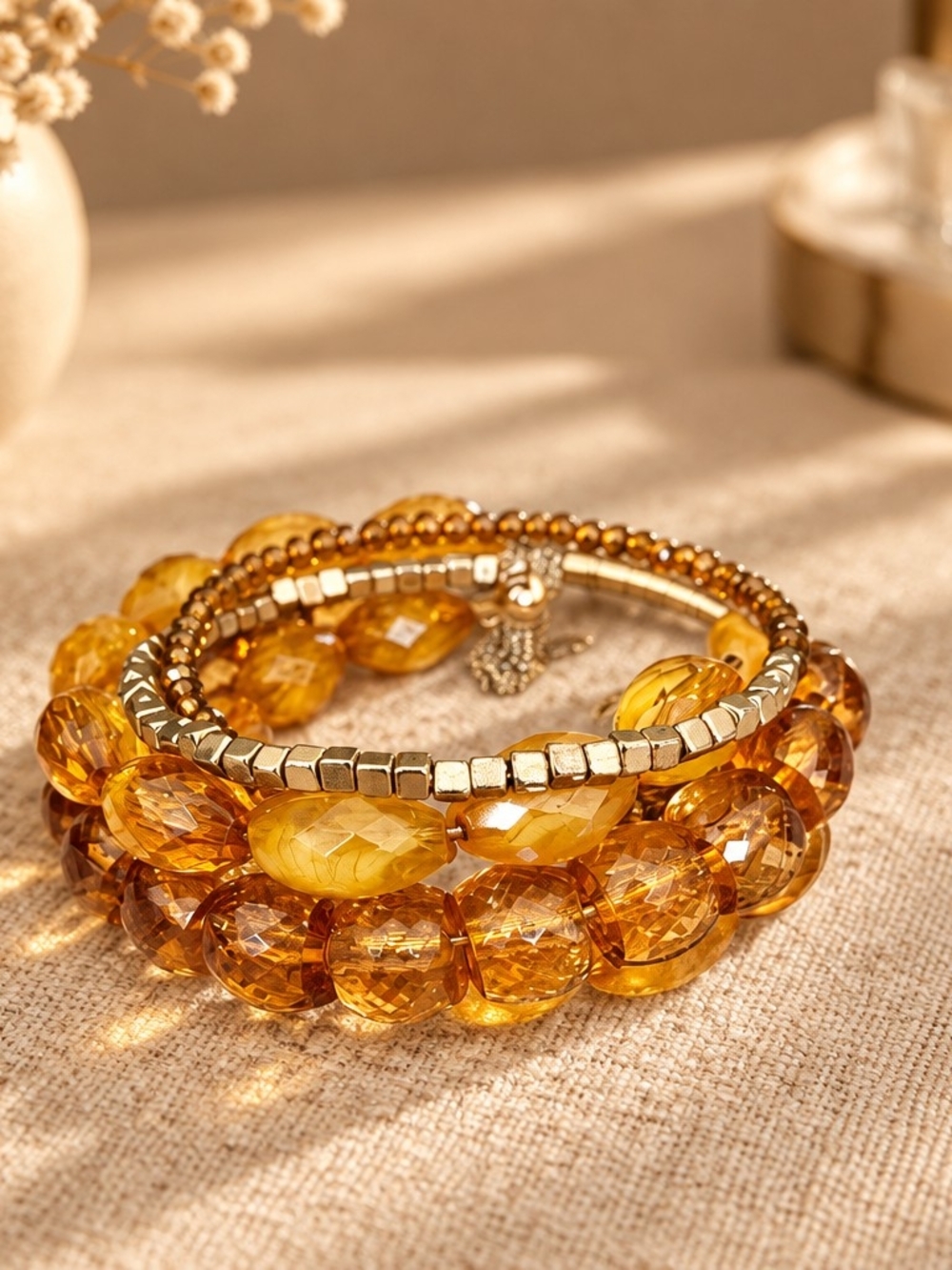 Boutique Stackable Amber Bead Bracelet Set - Picture 2 of 3
